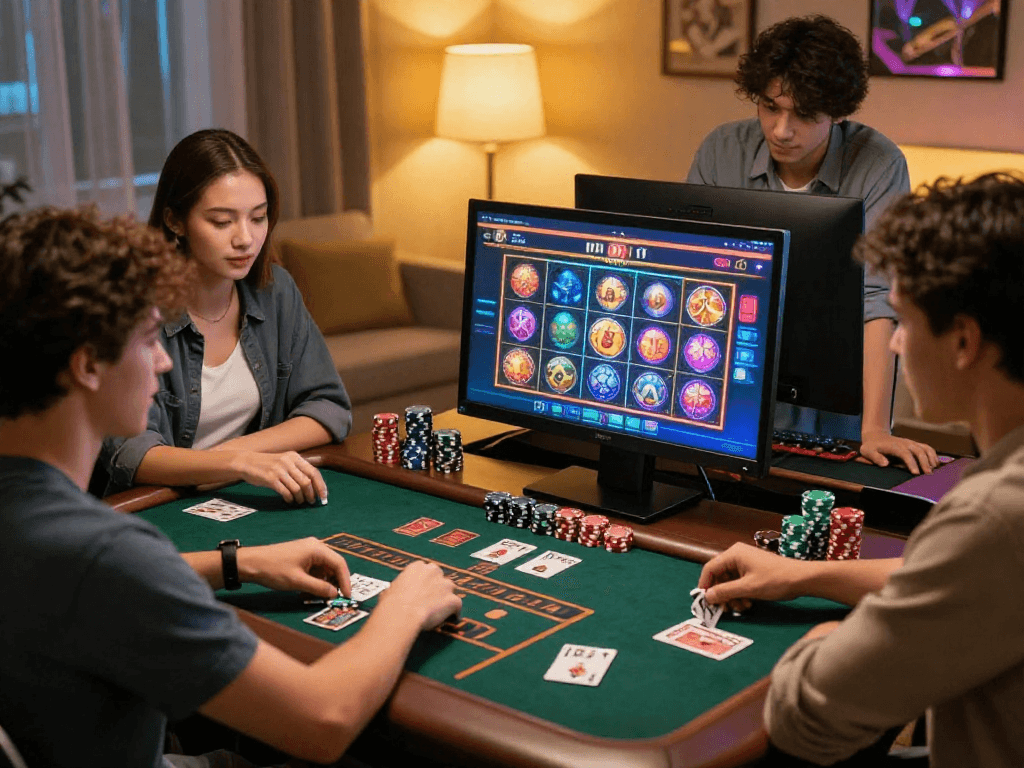 Scène de casino en ligne avec amis jouant ensemble, ambiance chaleureuse et écran coloré.