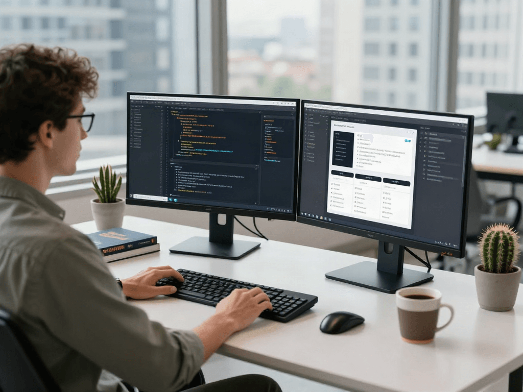 Développeur utilisant Atlas pro dans un bureau moderne, atmosphère inspirante.