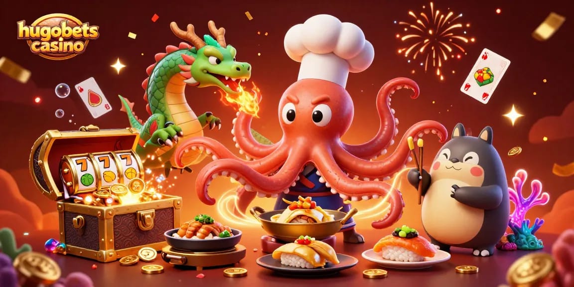Experience the excitement of hugobets casino with a lively scene featuring an octopus chef, a fiery dragon, and a tanuki customer.