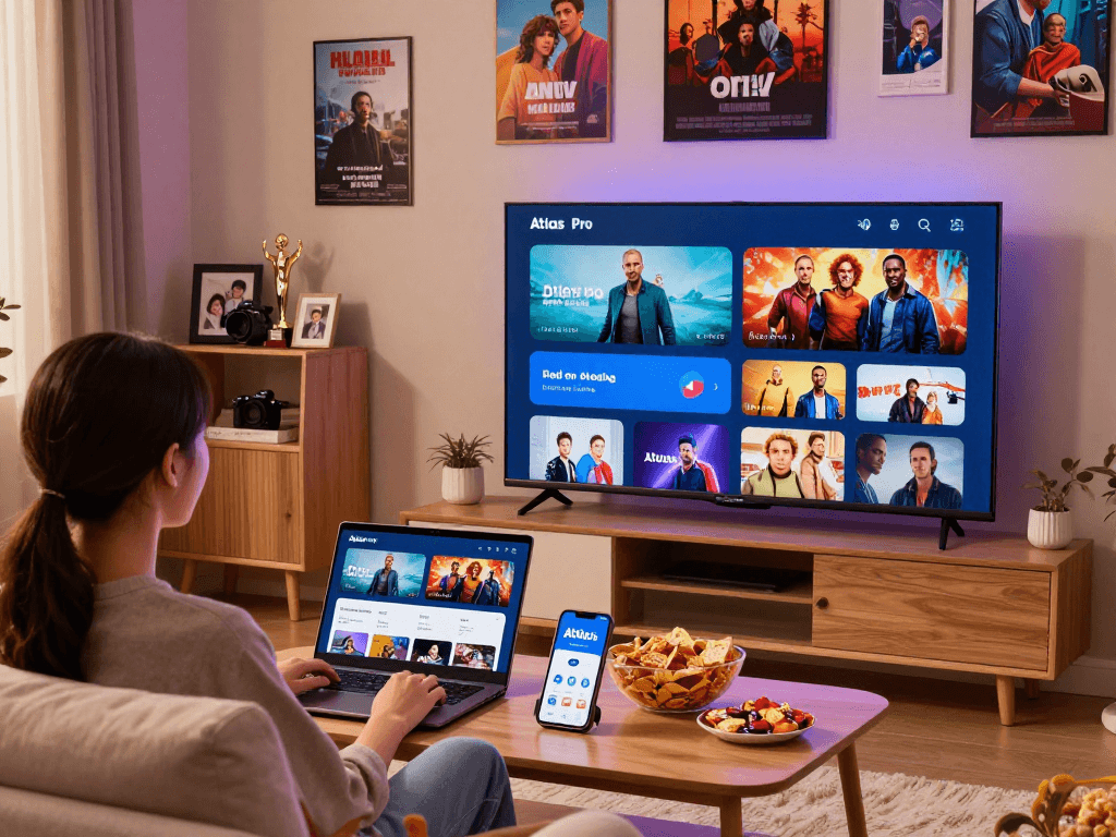 Profitez des meilleures chaînes avec atlas pro ontv sur Smart TV dans un salon accueillant.