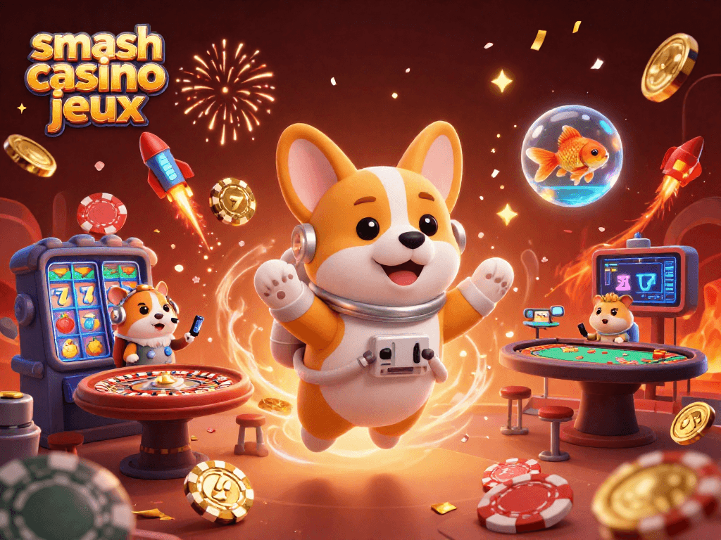 Découvrez smash casino jeux avec un corgi astronaute flottant entouré de pièces d'or et de jeux.