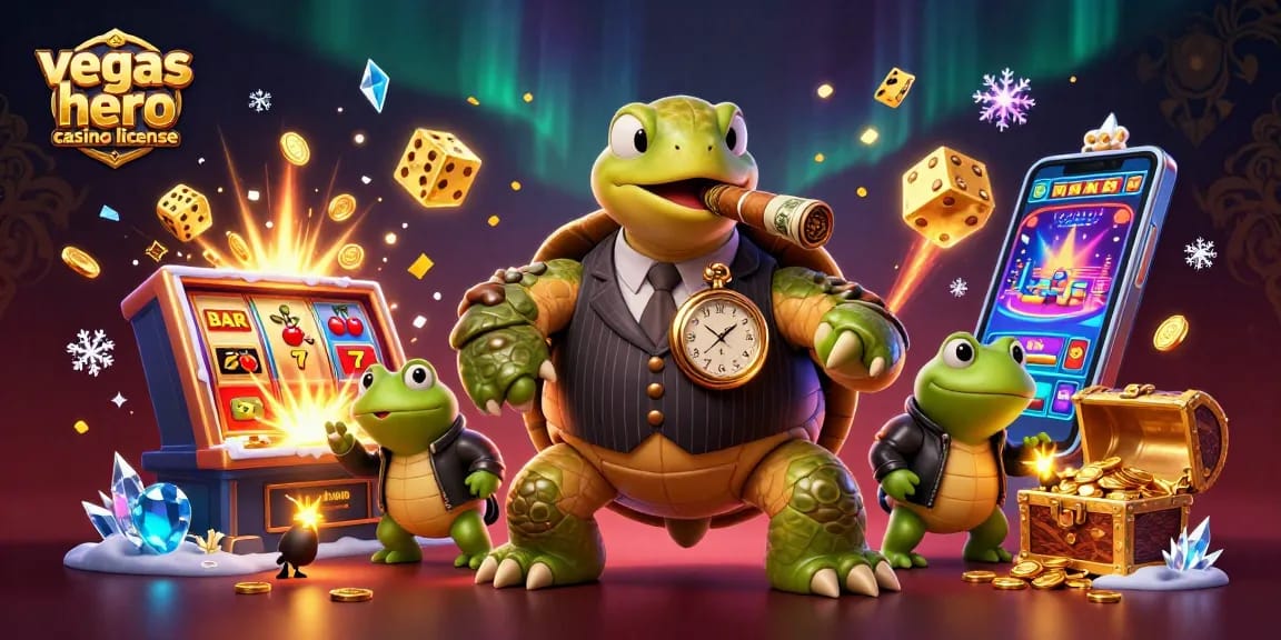 Illustration dynamique sur la licence du casino Vegas Hero, mettant en avant un personnage central dans un décor de machine à sous.