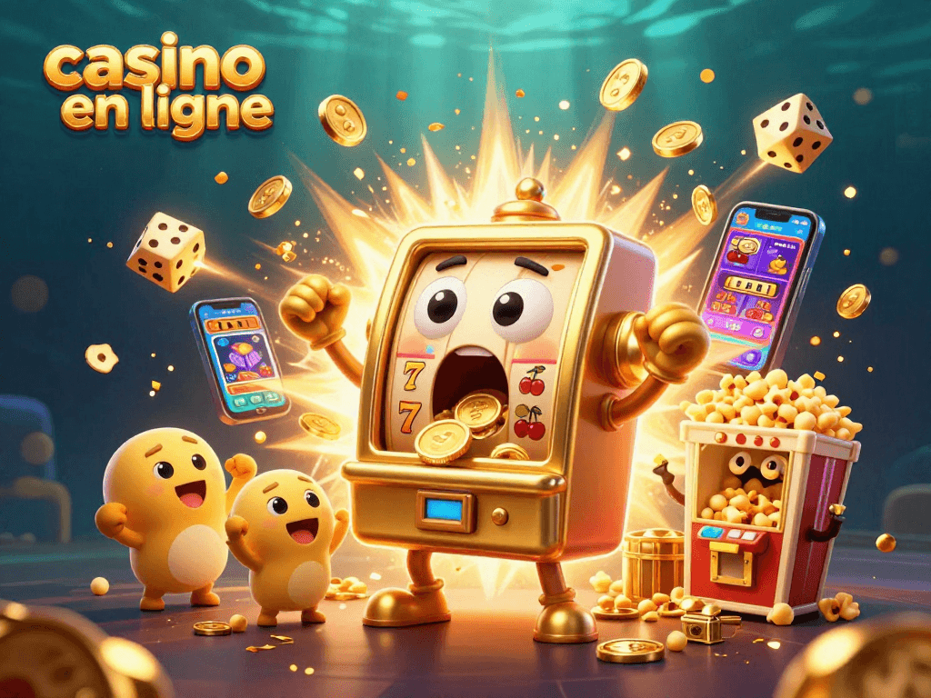 Gagnez avec un casino en ligne : caricature de machine à sous animée célébrant un jackpot.