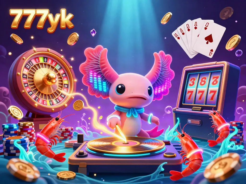 Experience exhilarating gaming action at 777yk with an axolotl DJ, shimmering gems, and vibrant casino elements.