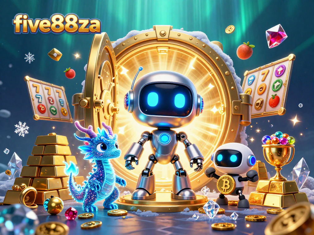 Engage your luck with five88za's animated casino scene showcasing slot reels and treasures.