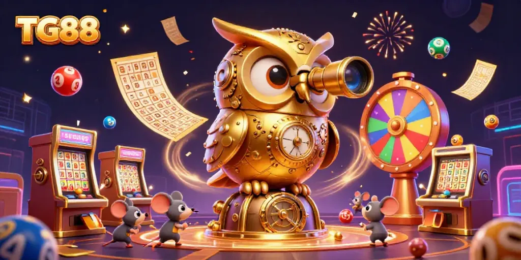 Experience thrilling gaming action with TG88; a cartoon owl watches over vibrant casino activities.
