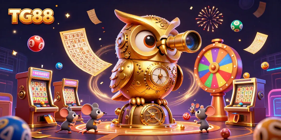 Experience thrilling gaming action with TG88; a cartoon owl watches over vibrant casino activities.