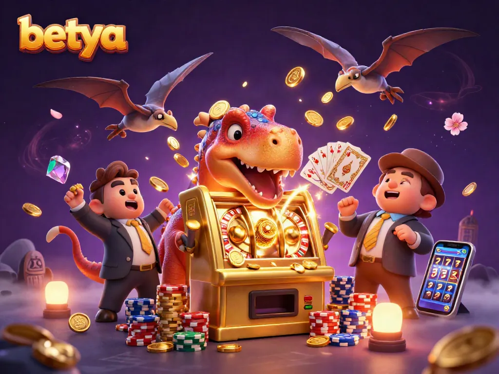 Betya casino illustration depicting a pachycephalosaurus winning on a slot machine amidst coins and poker chips.