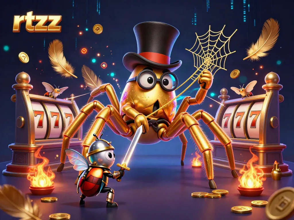 Join the thrilling rtzz casino adventure with a golden tarantula weaving luck among dazzling games!