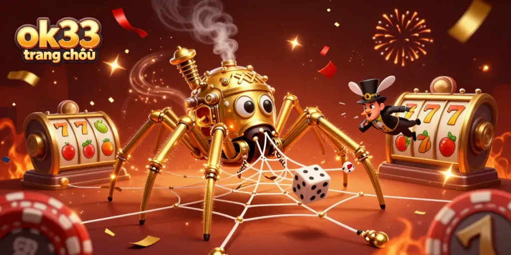Engage in exciting gameplay at ok33 trang chủ with a dynamic casino-themed illustration of a golden spider and traditional slots.