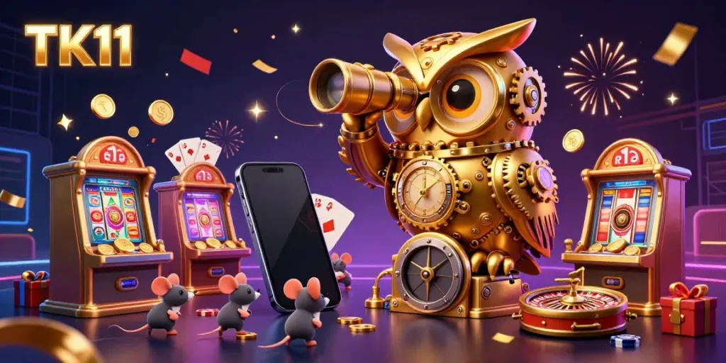 Engaging scene with TK11's golden owl surrounded by animated casino elements, showcasing vibrant gameplay.