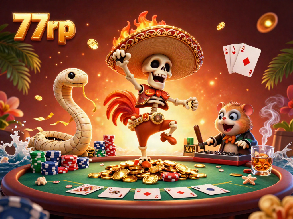 77rp platform celebrates gaming success with vibrant 3D characters amidst poker excitement and golden coins.