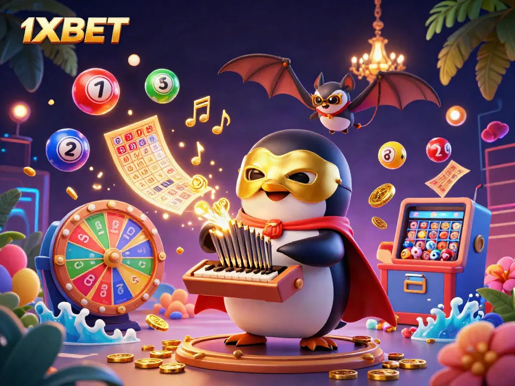 Experience the excitement of winning with 1XBET's casino scene featuring vibrant game elements and characters.