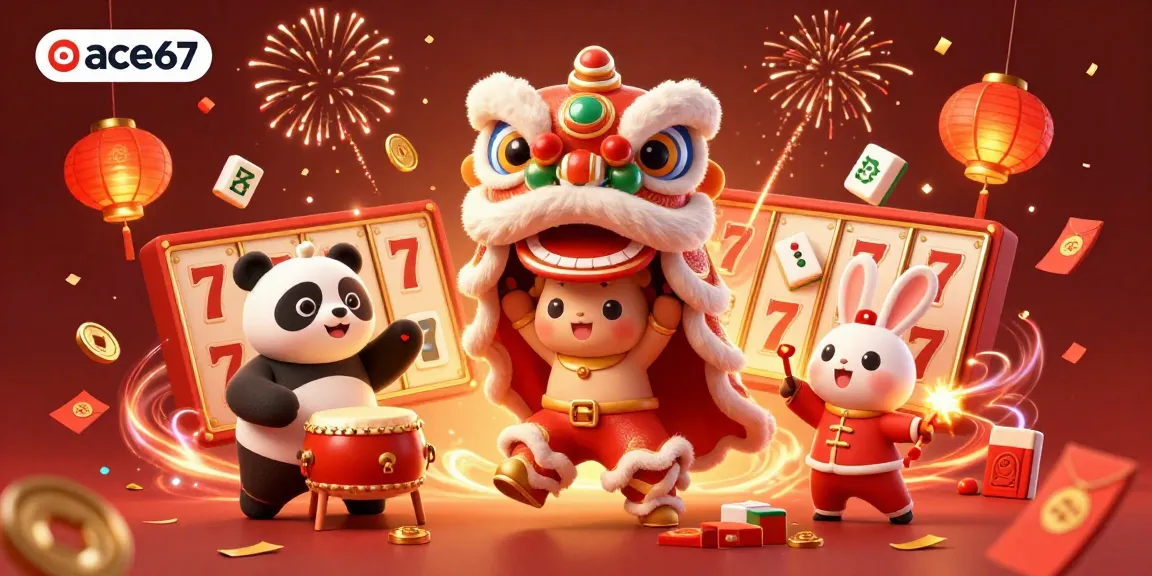 Engage with ace67's thrilling casino experience featuring vibrant lion dance and slot elements.