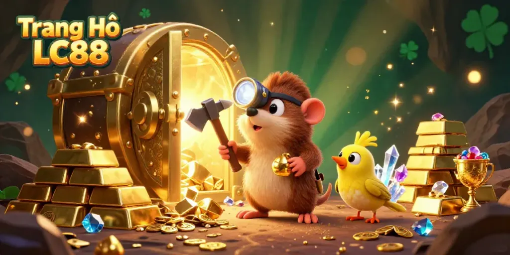 Experience thrilling gameplay with Trang Chủ LC88's vibrant treasure-filled scene featuring dynamic characters and rich casino elements.
