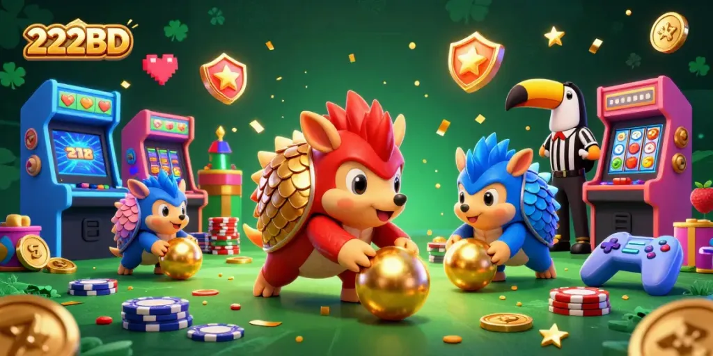 Action-packed scene showcasing 222BD casino excitement with pangolins, poker chips, and vibrant game elements.