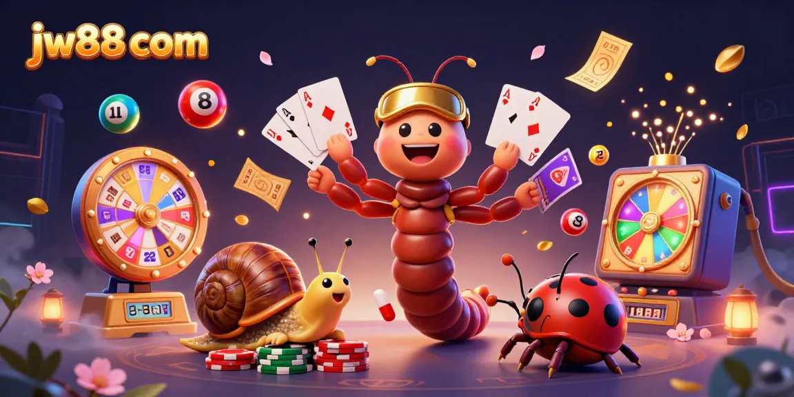 Experience excitement with jw88 com in a vibrant 3D gambling scene featuring a cartoon millipede dealer.