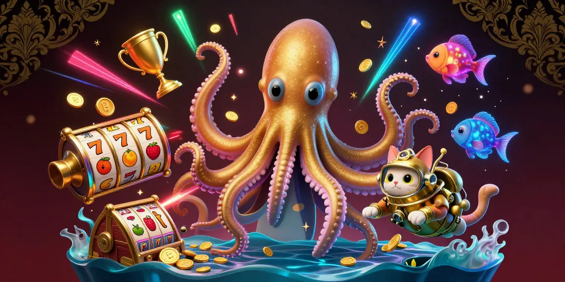 A vibrant illustration showcasing 55rk with a 3D kraken and fun slot symbols, capturing the essence of online gaming action.