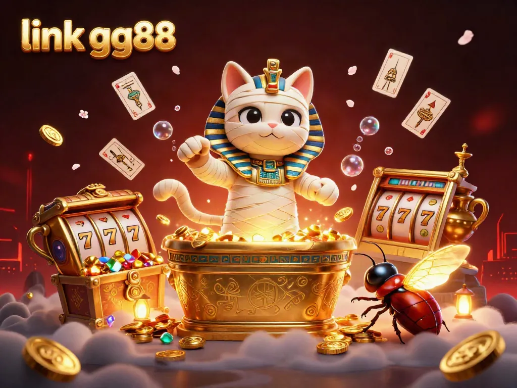 Experience exciting jackpots with link gg88 in a vibrant casino scene featuring an Egyptian mummy cat, scarab beetle, and floating slots.