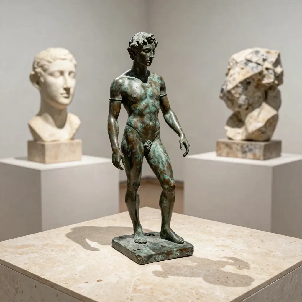 Sculpture en bronze sur travertin, avec deux études en plâtre, lumière dramatique dans une salle de galerie.