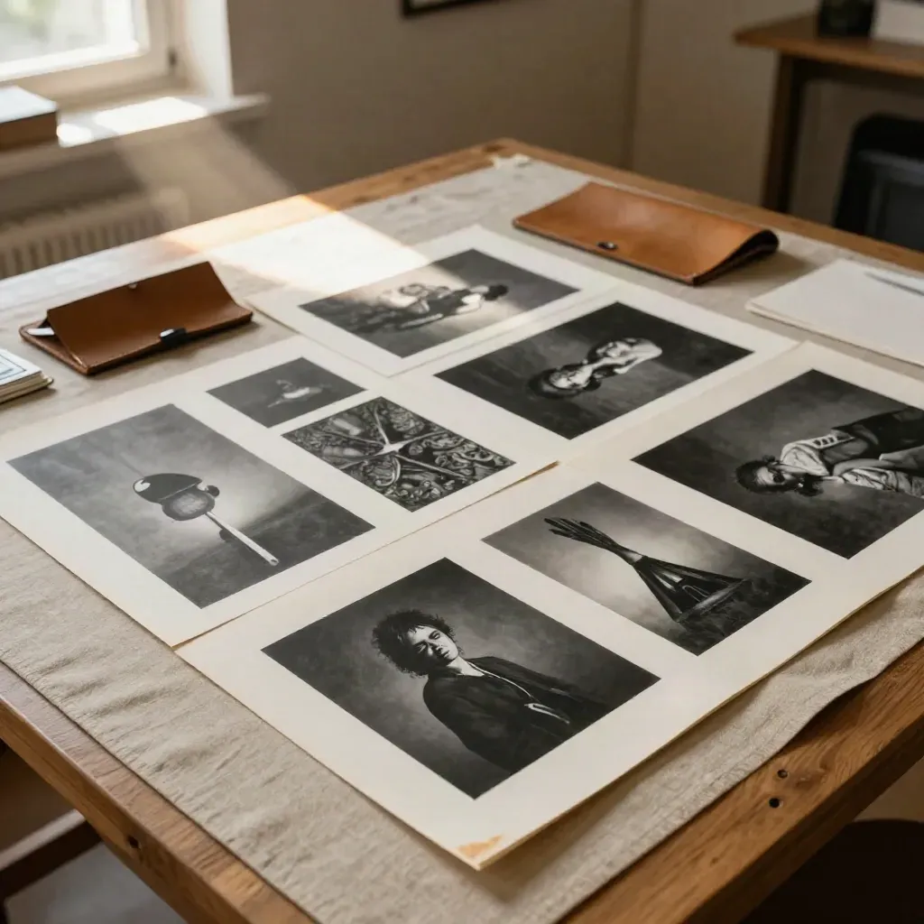 Portefeuille d’artiste ouvert avec tirages d’atelier et porte-photo en cuir sur table d’archivage.