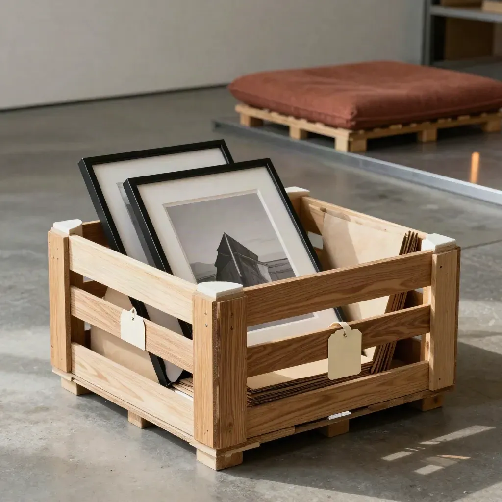 Caisses en bois avec cadres emballés prêts à être accrochés dans un espace de galerie.