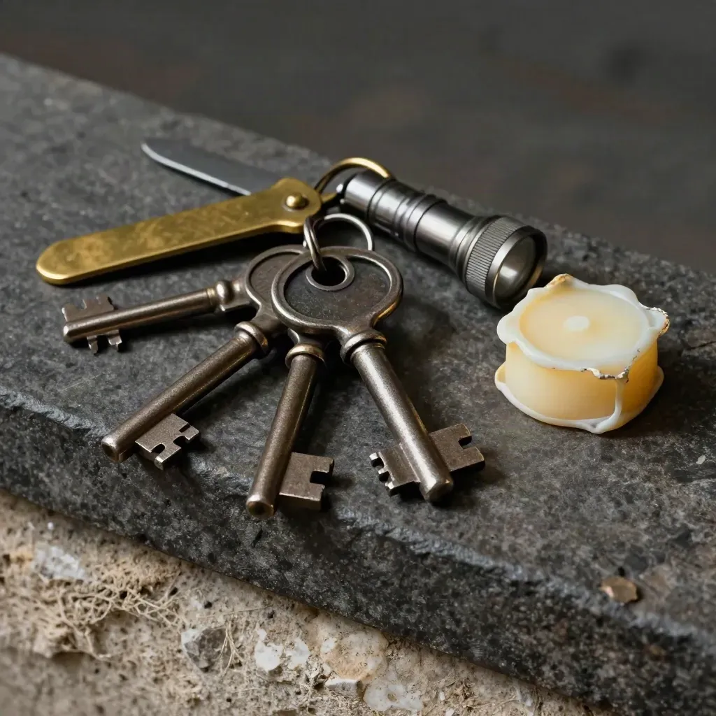 Trousseau de clés anciennes, coupe-papier en laiton, lampe fine et boîte de cire sur pierre sombre.