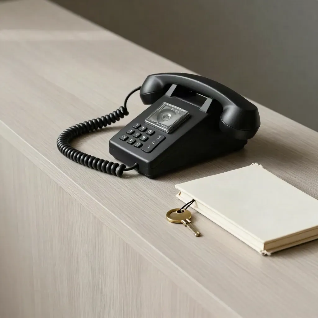 Téléphone de galerie noir mat, carnet en toile et porte-clé sur bois pâle, vue du dessus
