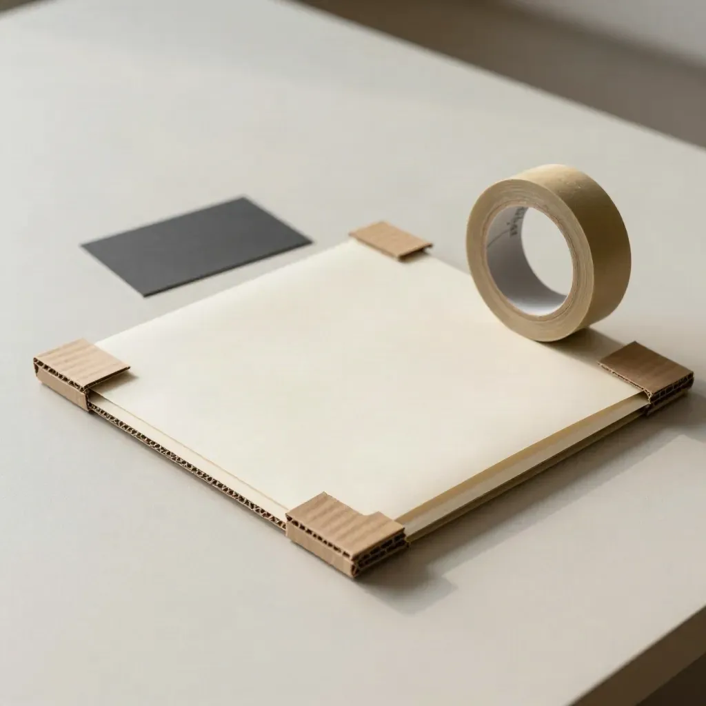 Colis d’œuvre protégé avec coins en carton et ruban kraft sur fond clair
