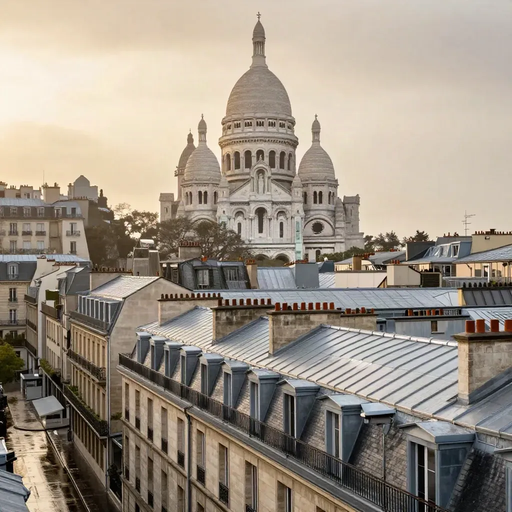 Toits de zinc parisiens après la pluie, Sacré-Cœur haut dans le ciel doré.