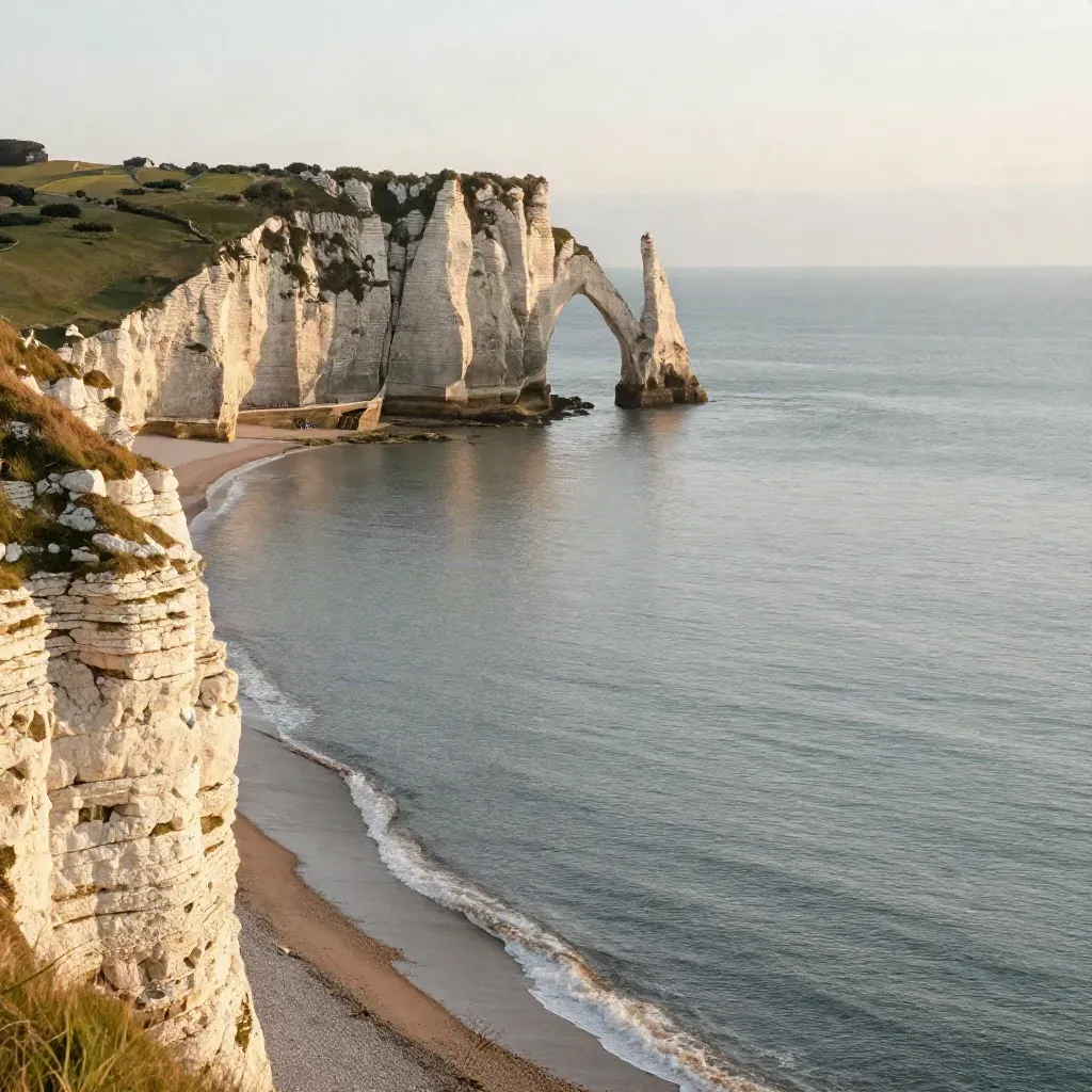 Falaises d’Étretat au-dessus d’une Manche calme sous une lumière dorée