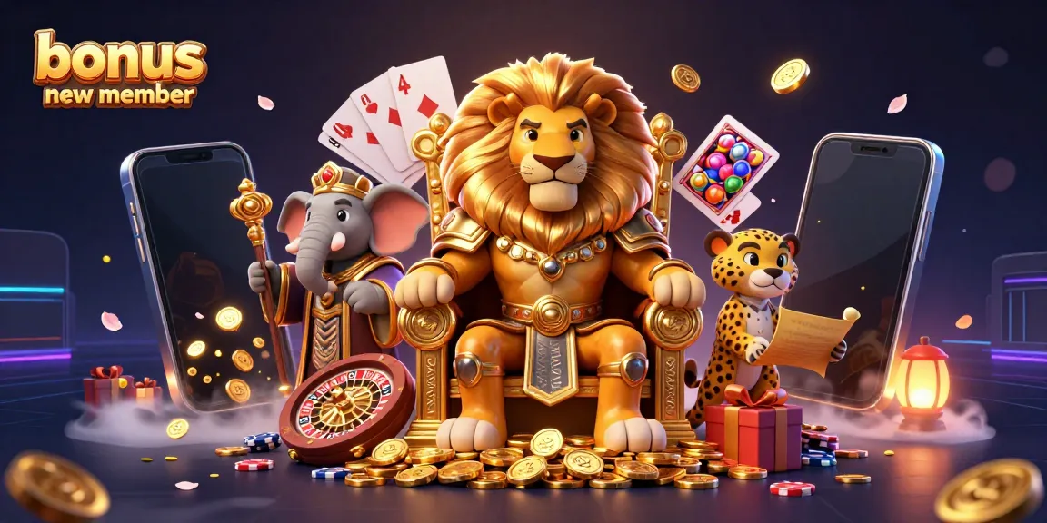 Experience the thrill of the bonus new member promotion with a captivating 3D casino scene featuring a lion king, elephant advisor, and cheetah messenger.