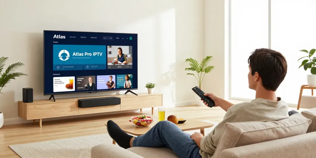 Utilisation de l'application atlas pro iptv dans un salon moderne avec un téléviseur intelligent.