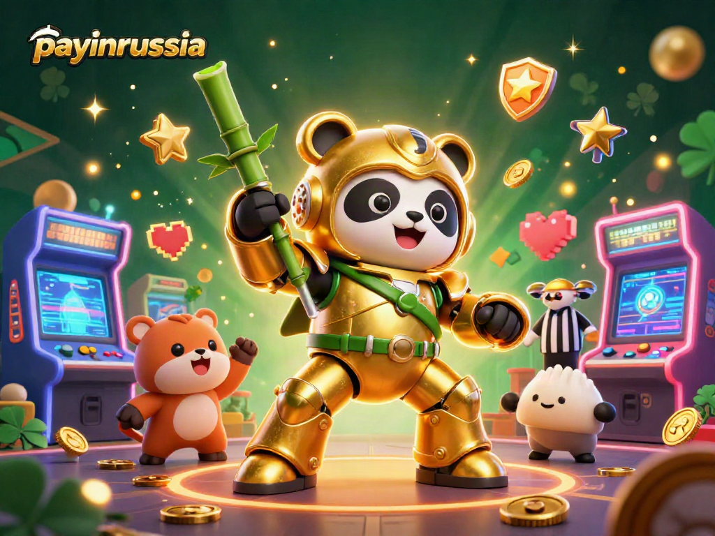 Payinrussia offre une expérience de casino unique avec un panda doré dans un robot de combat.