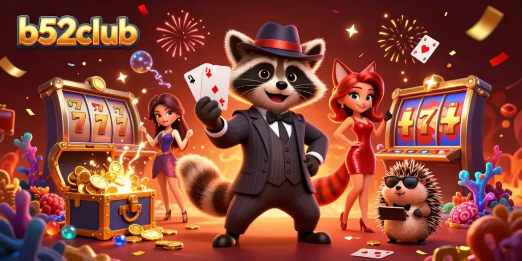 Experience b52club excitement with charming characters in vibrant casino-themed illustration.