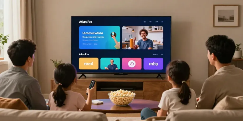Famille regardant la télévision avec l'application Atlas Pro pour des divertissements variés