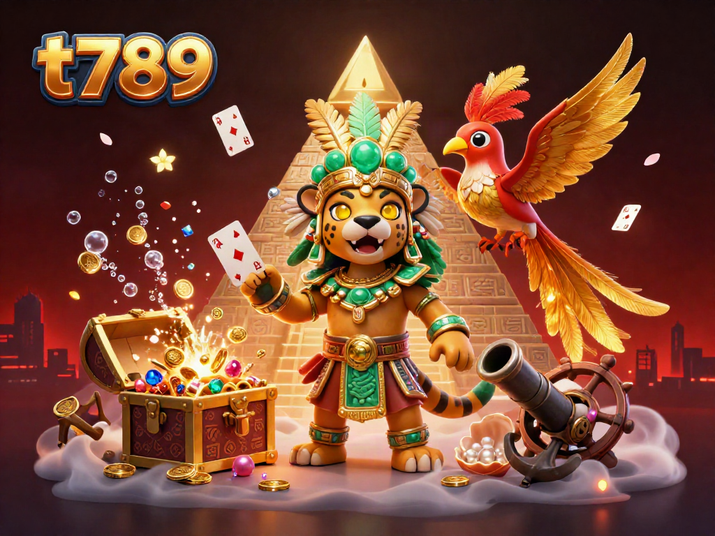 T789 offers thrilling casino experiences with a vibrant 3D illustration showcasing a Mayan priest and quetzal bird amidst dynamic gaming elements.