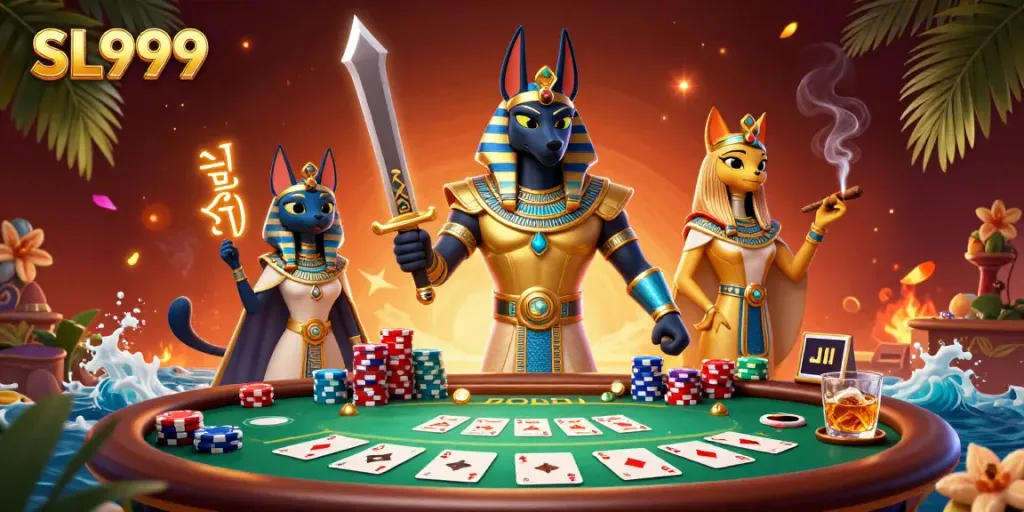 Experience SL999 at a vibrant poker table, enhanced by Anubis and Bastet in an Egyptian-themed casino.
