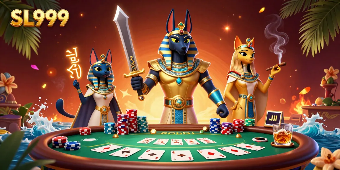 Experience SL999 at a vibrant poker table, enhanced by Anubis and Bastet in an Egyptian-themed casino.