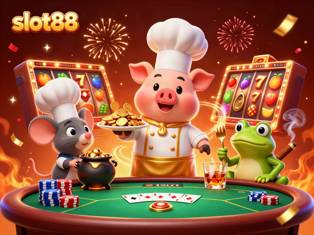Experience dynamic slot88 gameplay with a chef pig, tasting mouse, and frog critic in a vibrant casino scene.