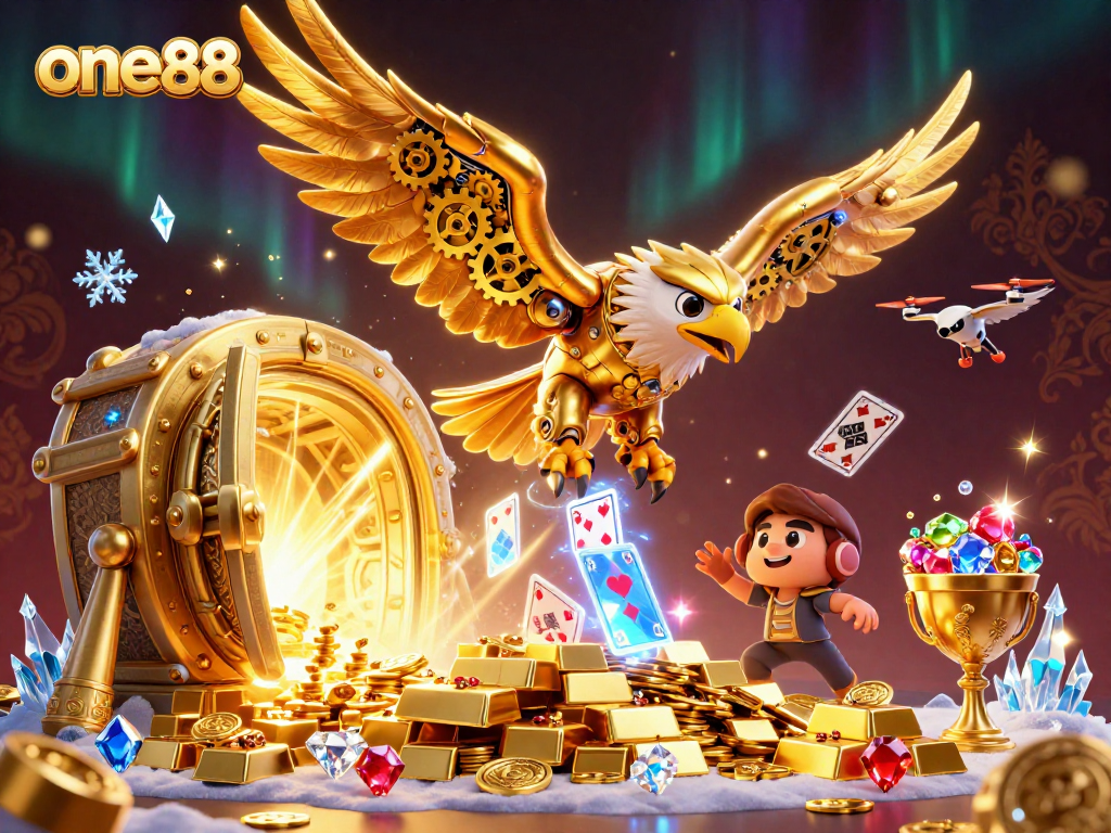 Experience the thrill of one88 with a cybernetic eagle flying through treasure and playing cards.